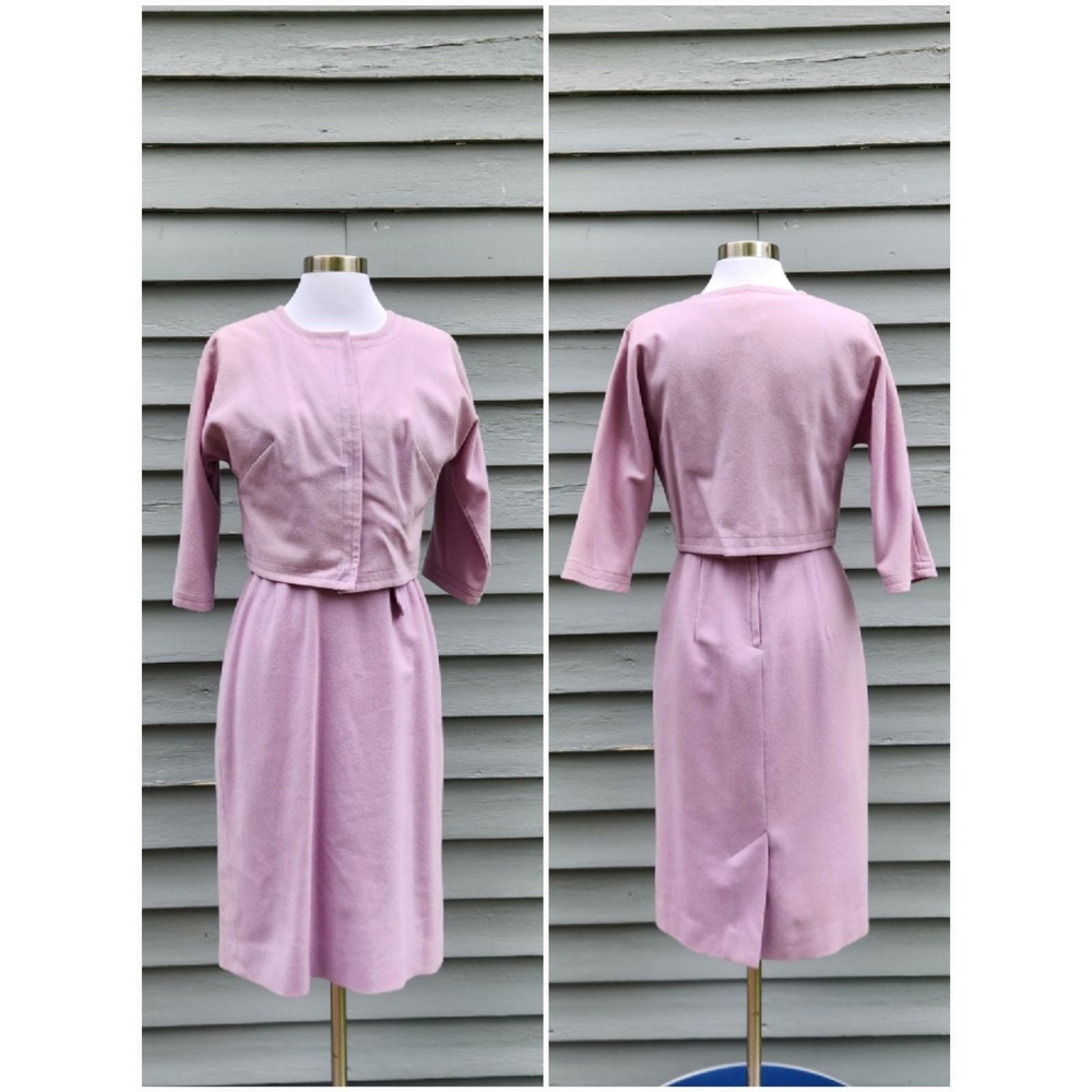 Vintage 60s Jo Collins Wool Dress Set Lavender Mod Sheath Jacket Size 13